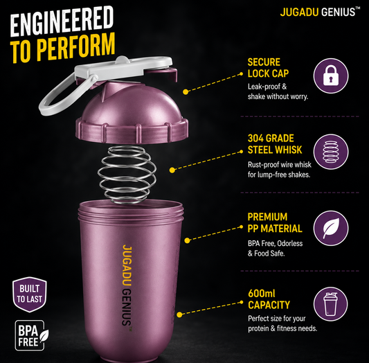 JUGADU GENIUS Gym Shaker Bottle 800ML - Leakproof, BPA-Free with Mixer Ball