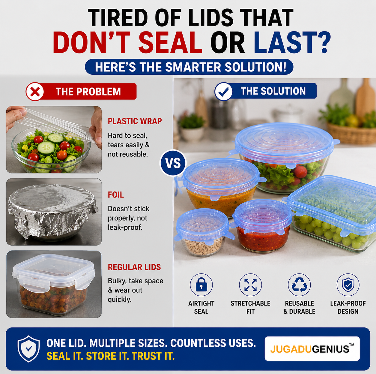 JUGADU GENIUS Reusable Silicone Stretch Lids (Set of 6) - Airtight & Leak-Proof Food Covers for Bowls, Jars & Containers