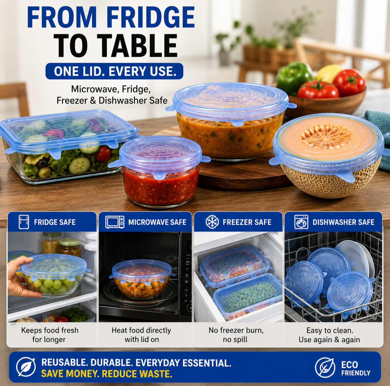 JUGADU GENIUS Reusable Silicone Stretch Lids (Set of 6) - Airtight & Leak-Proof Food Covers for Bowls, Jars & Containers