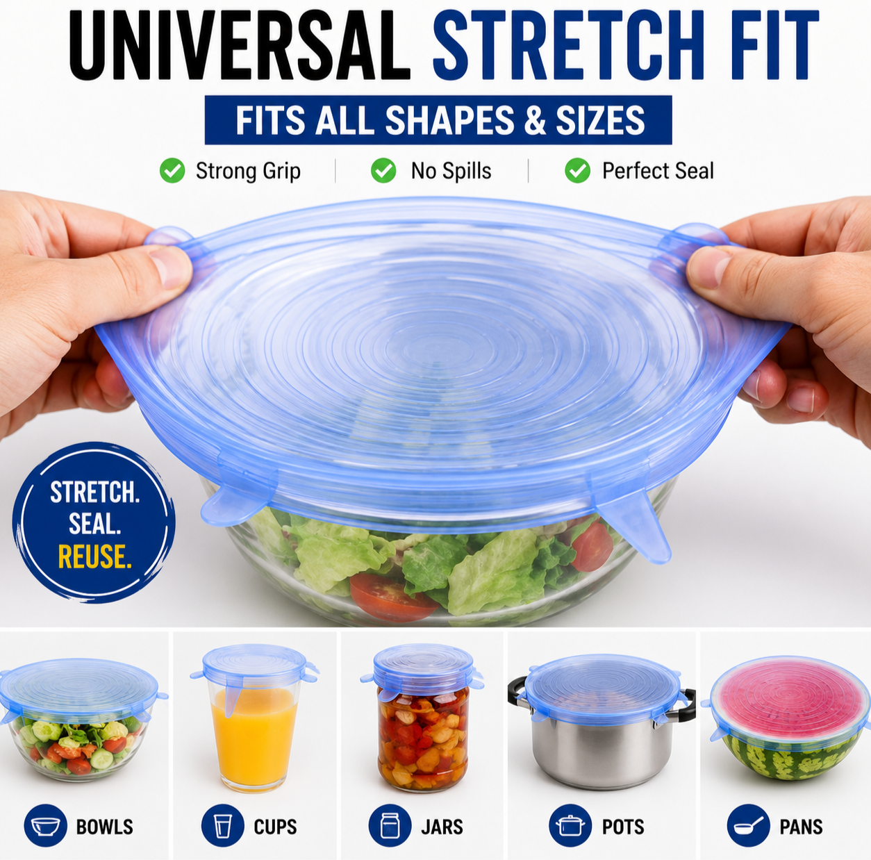 JUGADU GENIUS Reusable Silicone Stretch Lids (Set of 6) - Airtight & Leak-Proof Food Covers for Bowls, Jars & Containers