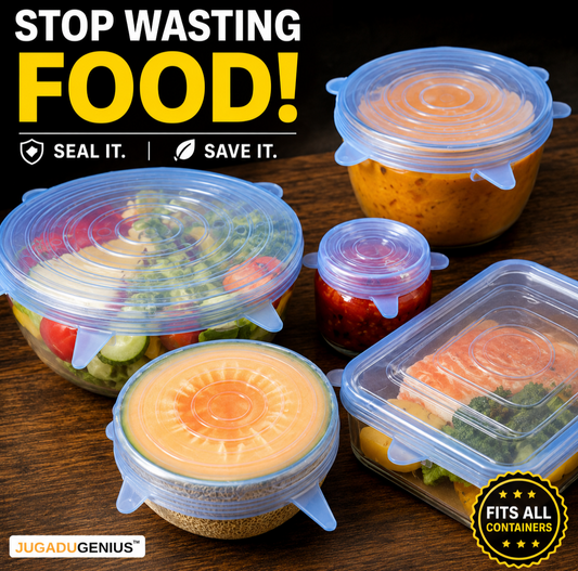 JUGADU GENIUS Reusable Silicone Stretch Lids (Set of 6) - Airtight & Leak-Proof Food Covers for Bowls, Jars & Containers