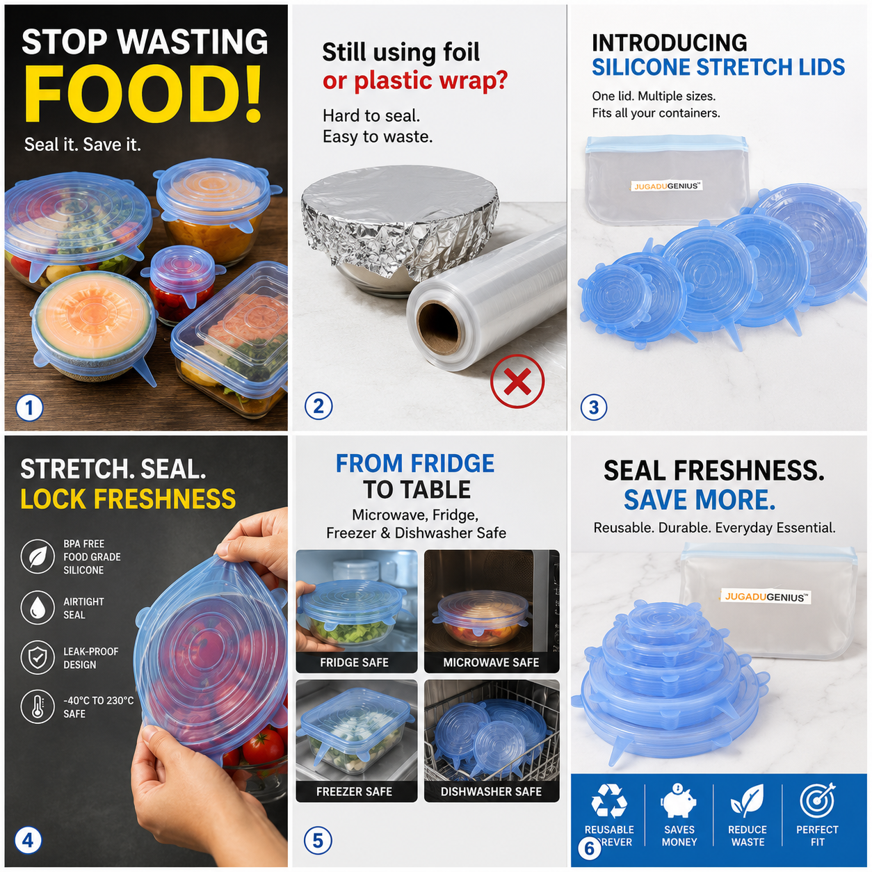 JUGADU GENIUS Reusable Silicone Stretch Lids (Set of 6) - Airtight & Leak-Proof Food Covers for Bowls, Jars & Containers