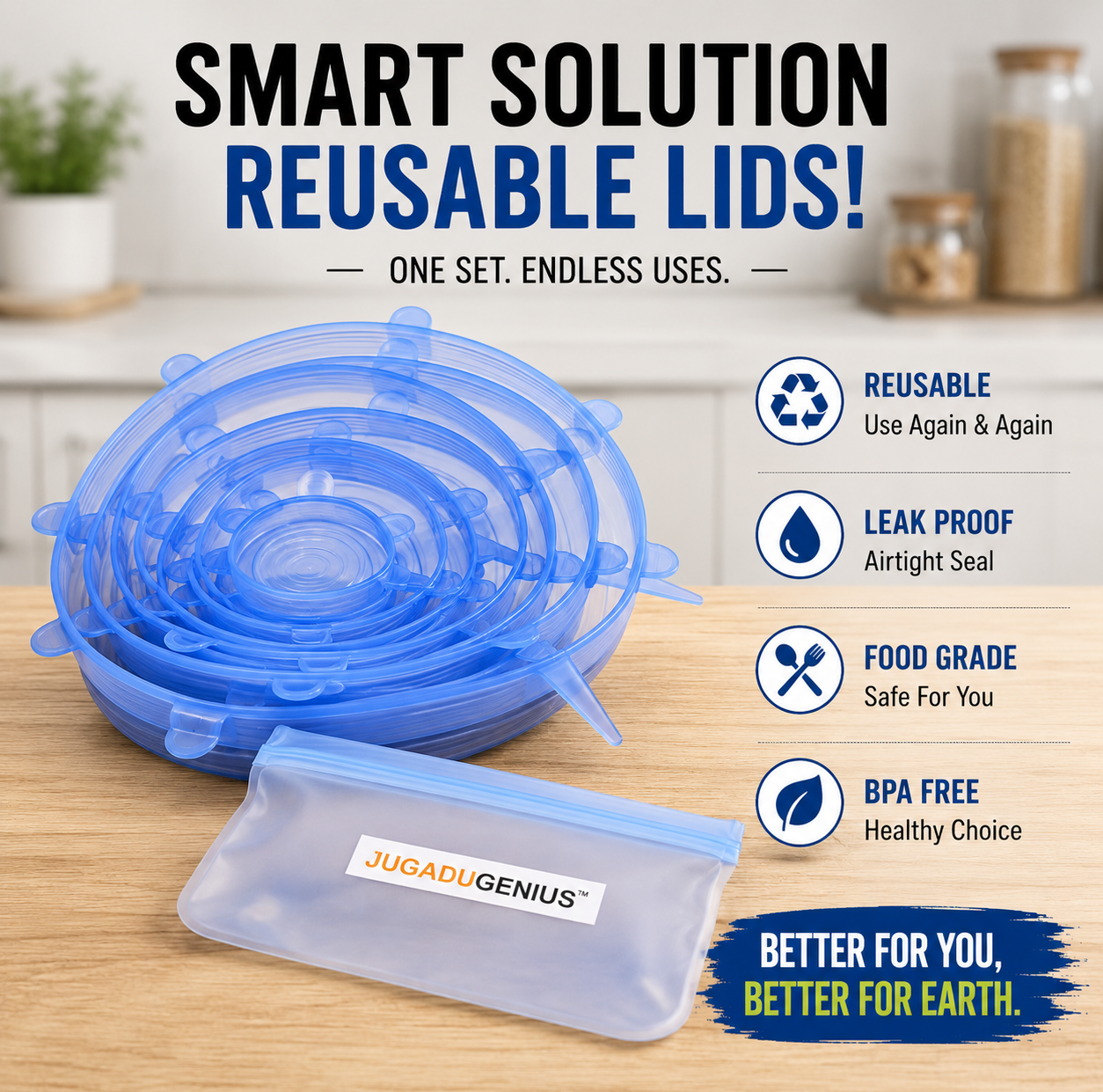 JUGADU GENIUS Reusable Silicone Stretch Lids (Set of 6) - Airtight & Leak-Proof Food Covers for Bowls, Jars & Containers