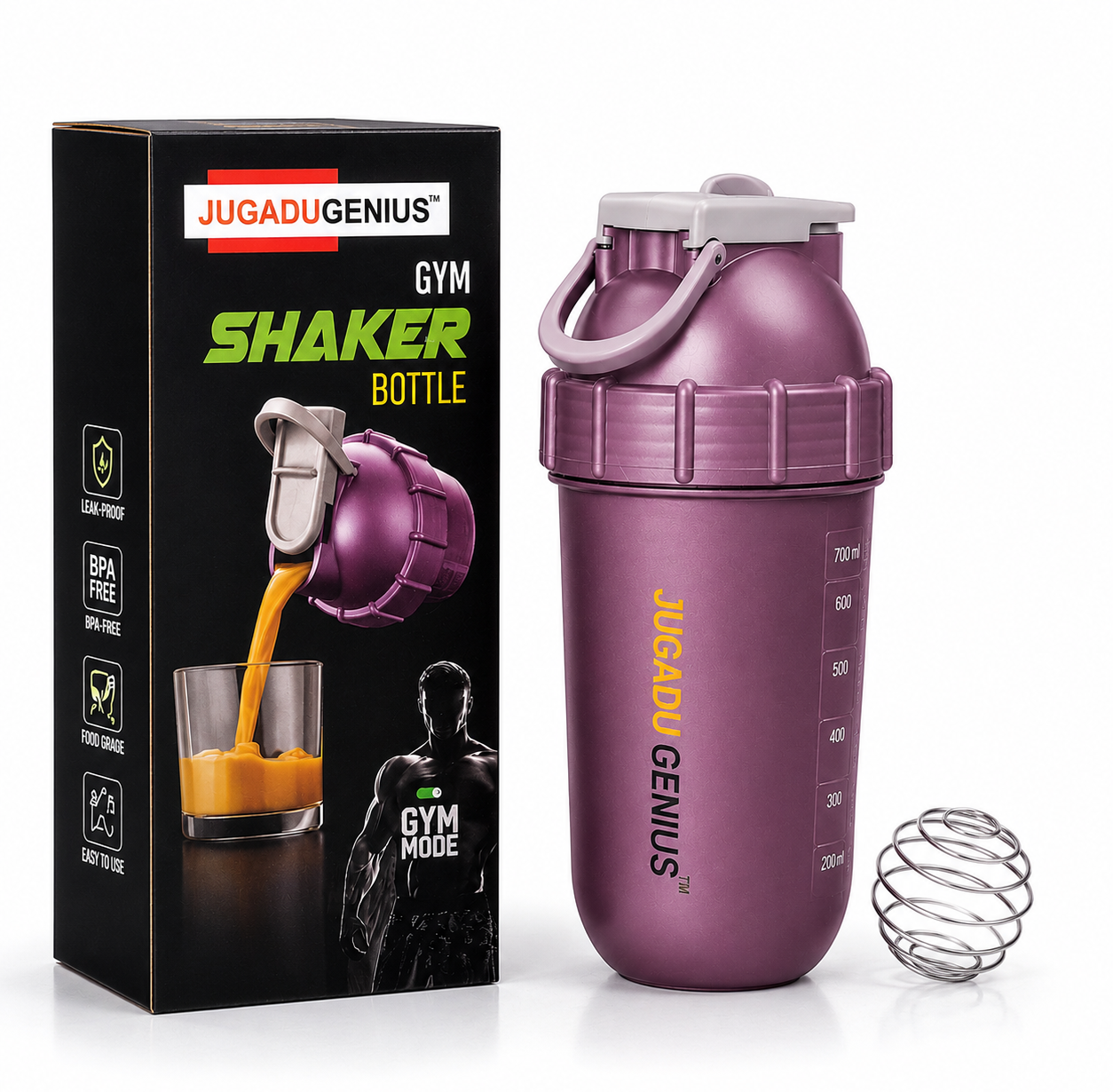 JUGADU GENIUS Gym Shaker Bottle 800ML - Leakproof, BPA-Free with Mixer Ball