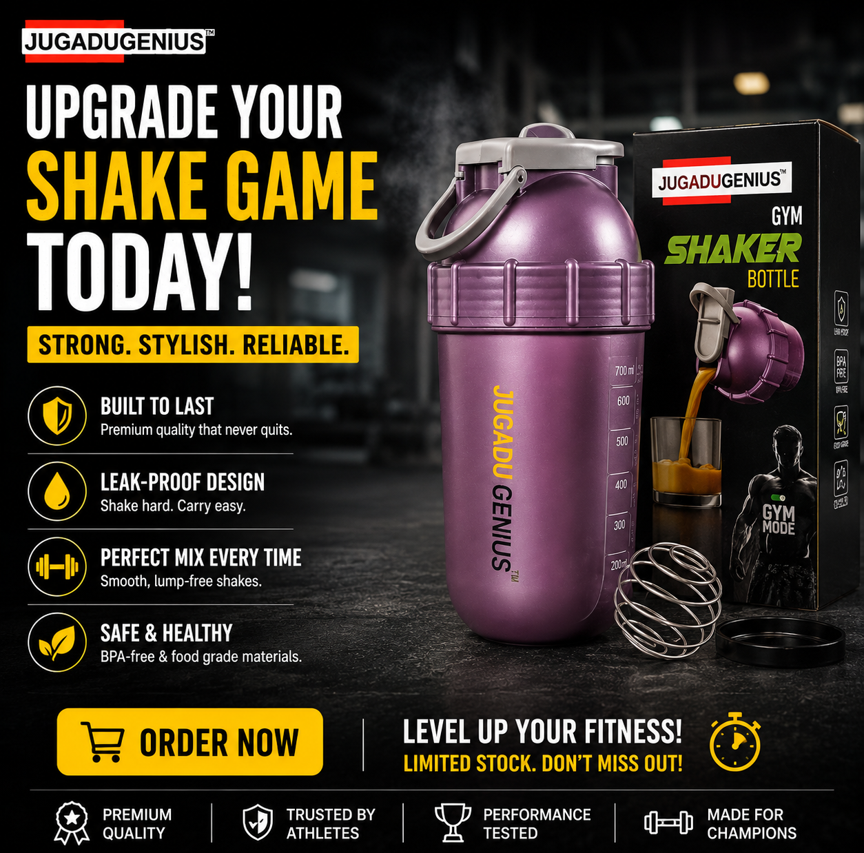 JUGADU GENIUS Gym Shaker Bottle 800ML - Leakproof, BPA-Free with Mixer Ball