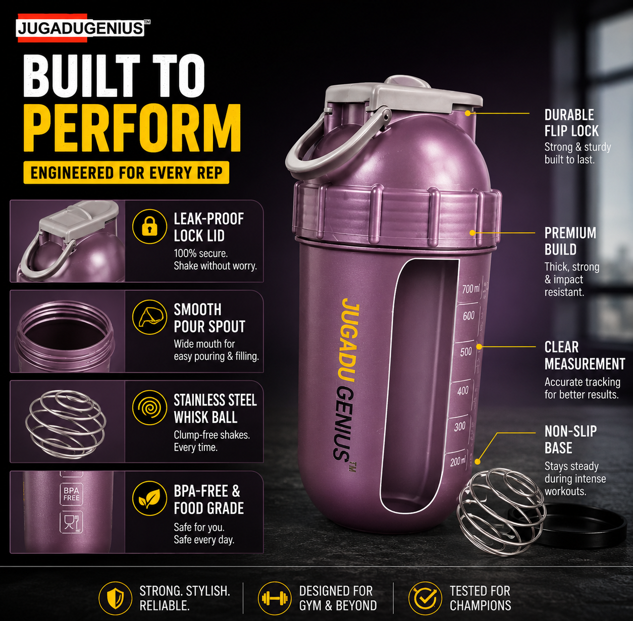 JUGADU GENIUS Gym Shaker Bottle 800ML - Leakproof, BPA-Free with Mixer Ball