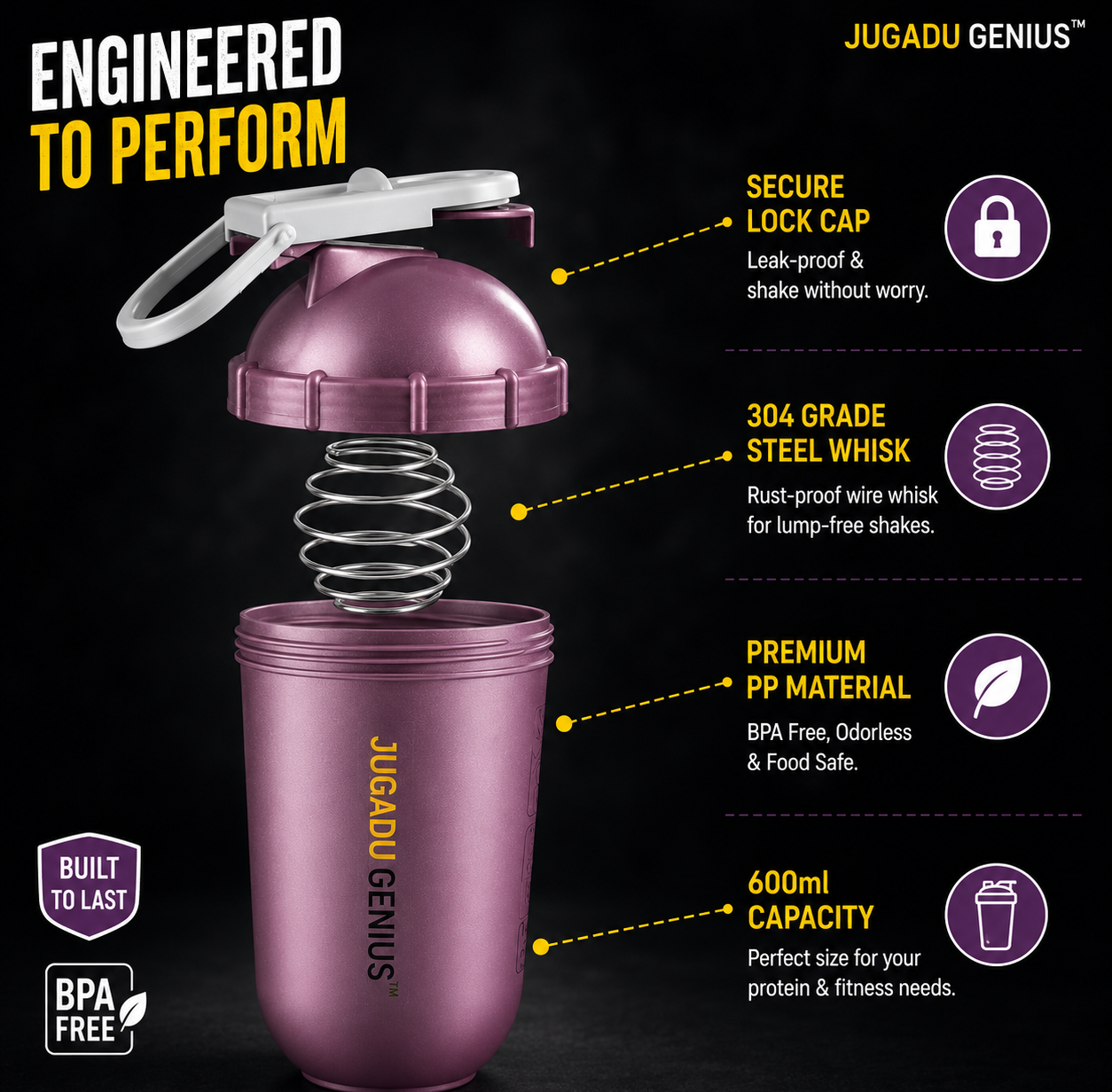 JUGADU GENIUS Gym Shaker Bottle 800ML - Leakproof, BPA-Free with Mixer Ball