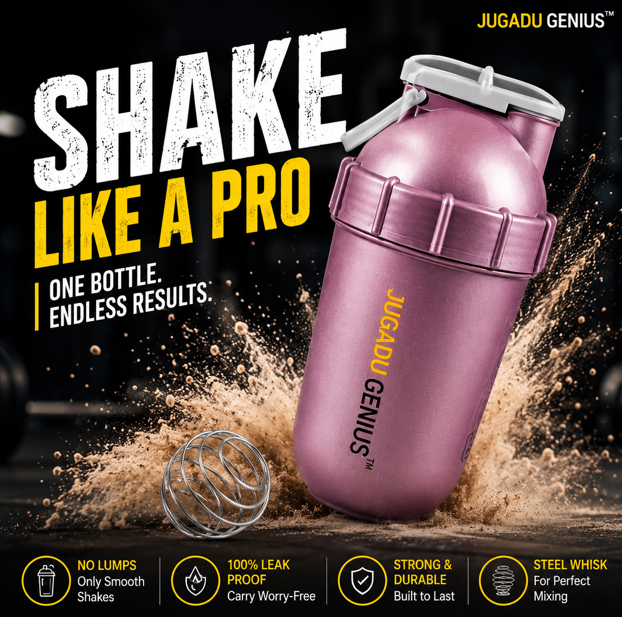 JUGADU GENIUS Gym Shaker Bottle 800ML - Leakproof, BPA-Free with Mixer Ball