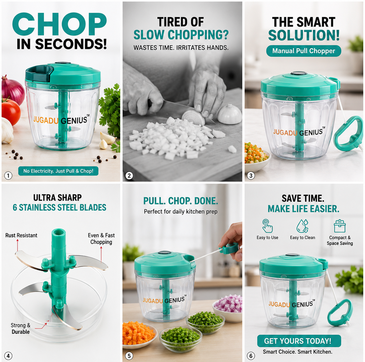 JUGADU GENIUS Premium Manual Vegetable Chopper - Pull Cord Handy Chopper with Steel Blades