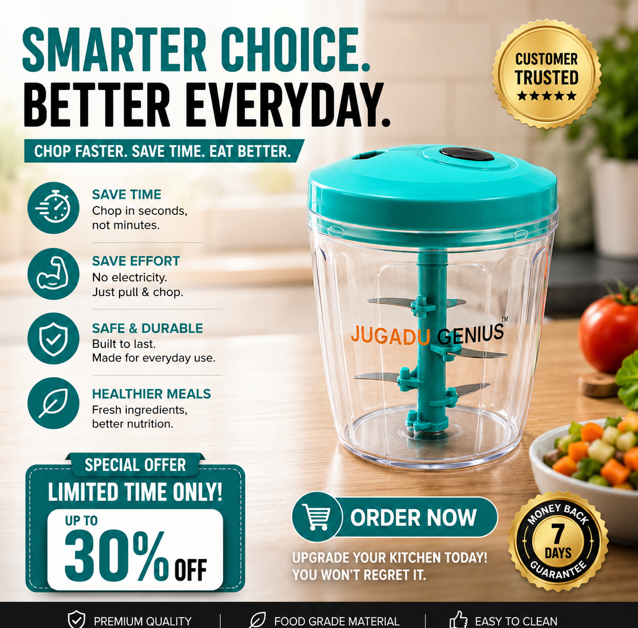 JUGADU GENIUS Premium Manual Vegetable Chopper - Pull Cord Handy Chopper with Steel Blades