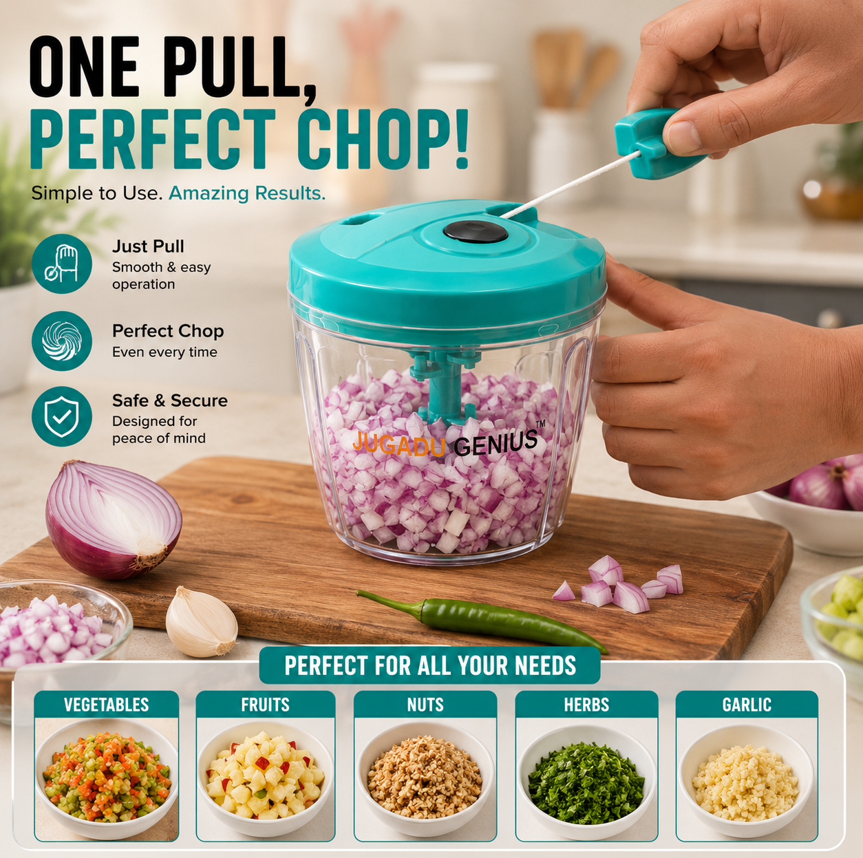 JUGADU GENIUS Premium Manual Vegetable Chopper - Pull Cord Handy Chopper with Steel Blades