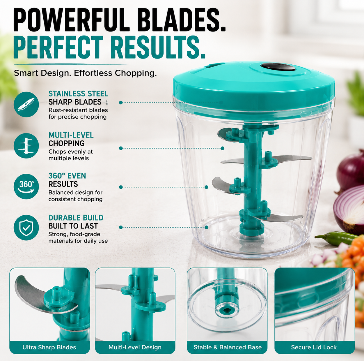 JUGADU GENIUS Premium Manual Vegetable Chopper - Pull Cord Handy Chopper with Steel Blades