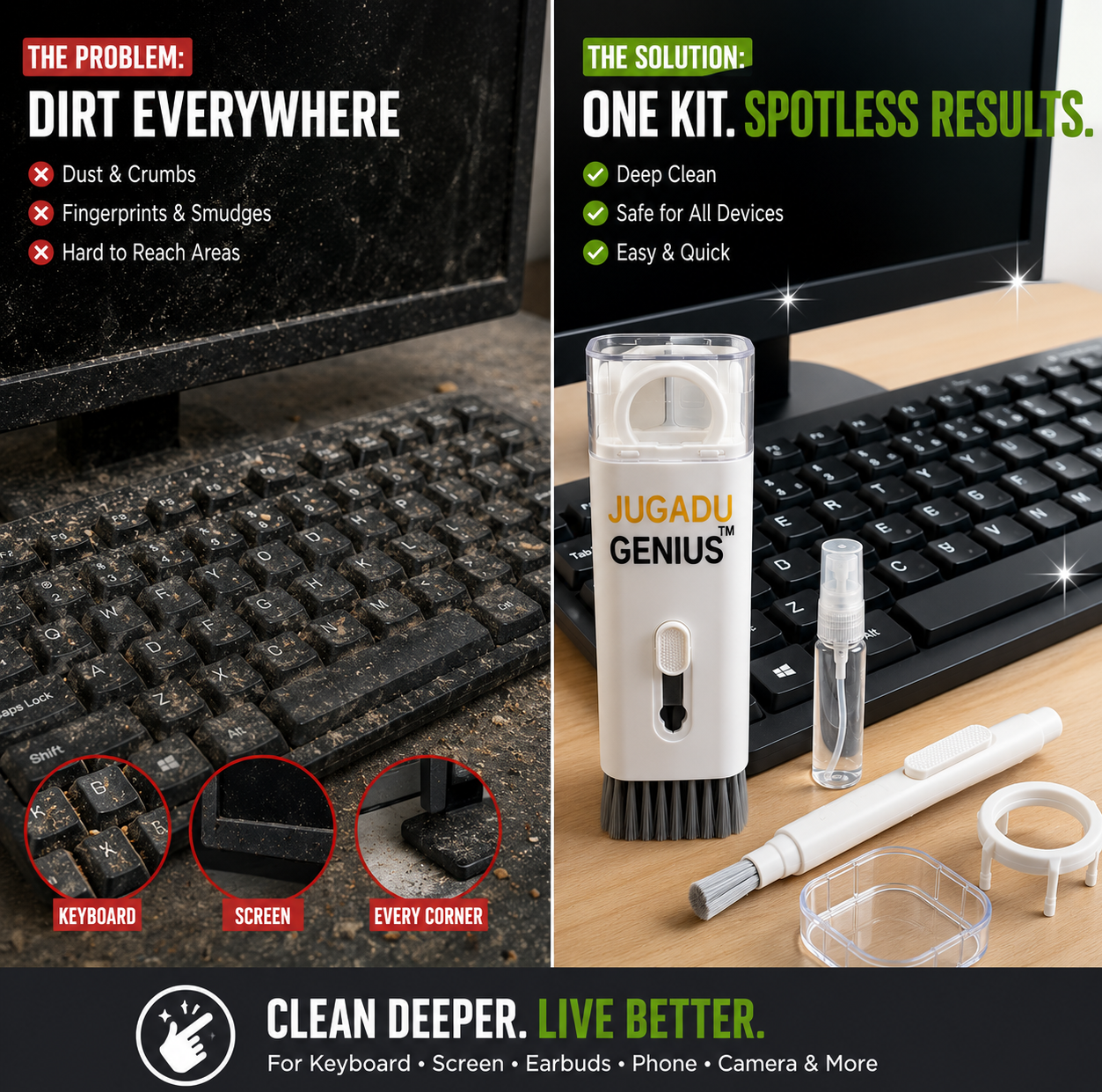 JUGADU GENIUS Premium 7-in-1 Electronic Cleaning Kit - Multipurpose Brush for Mobile, Laptop, Keyboard & Earphones