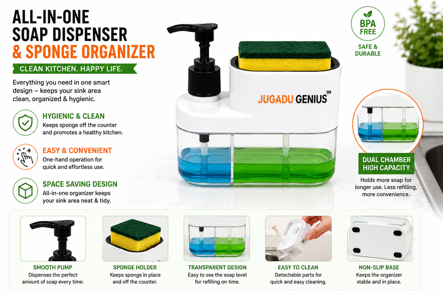 JUGADU GENIUS 3-in-1 Soap Dispenser with Sponge Holder - Kitchen Sink Organizer