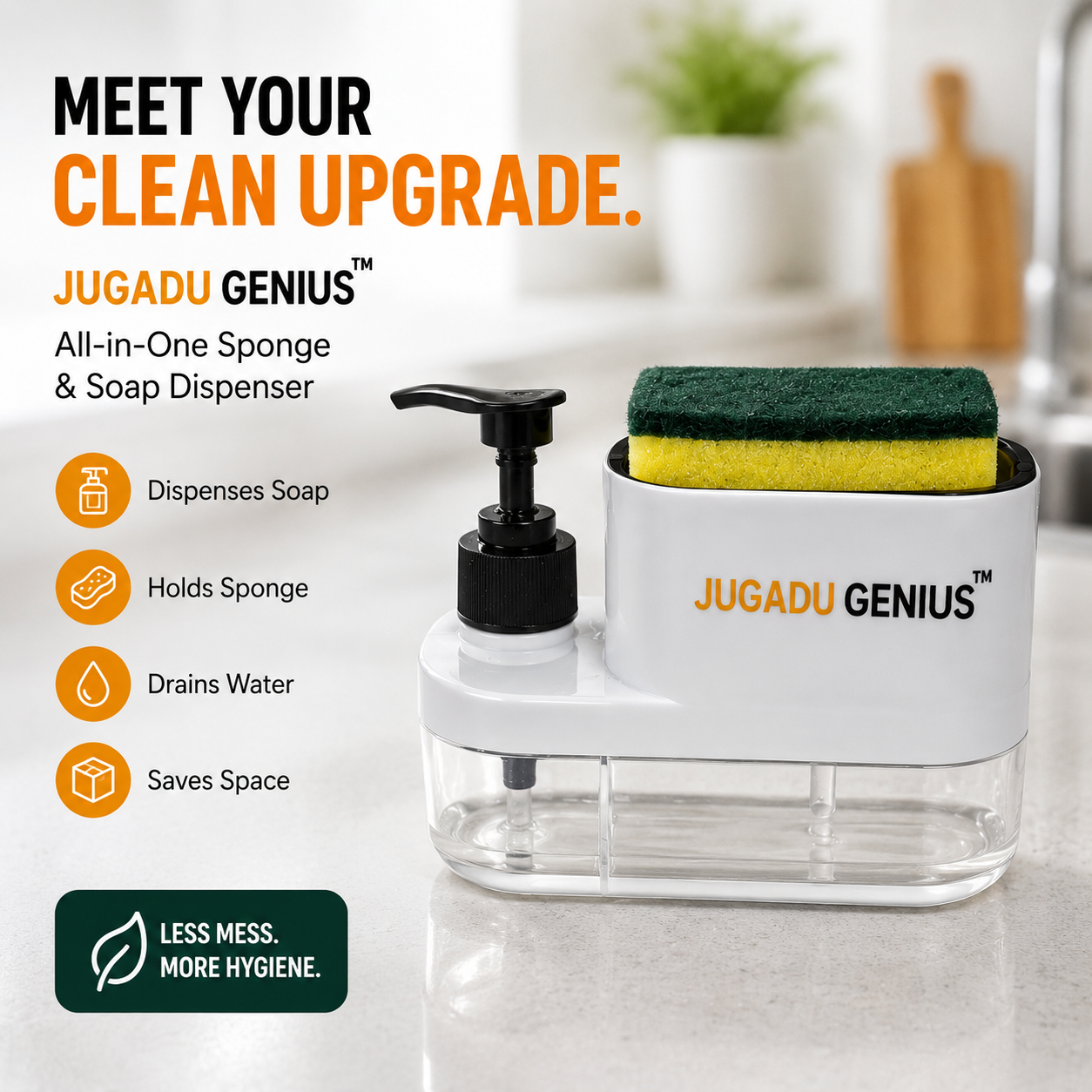 JUGADU GENIUS 3-in-1 Soap Dispenser with Sponge Holder - Kitchen Sink Organizer
