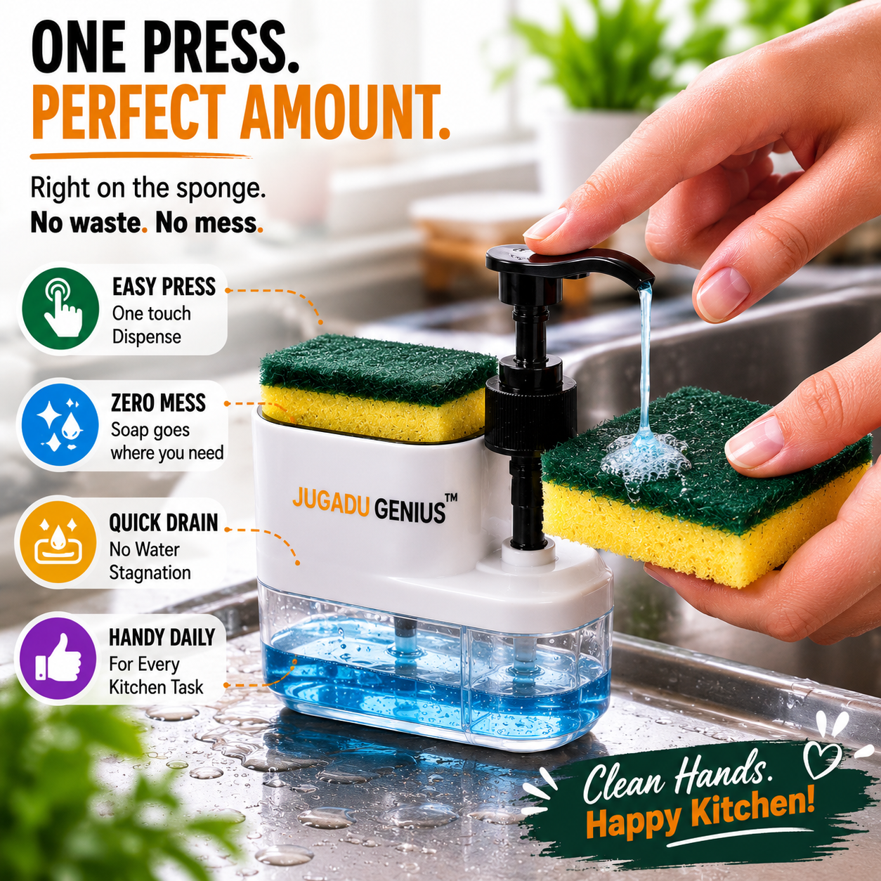 JUGADU GENIUS 3-in-1 Soap Dispenser with Sponge Holder - Kitchen Sink Organizer