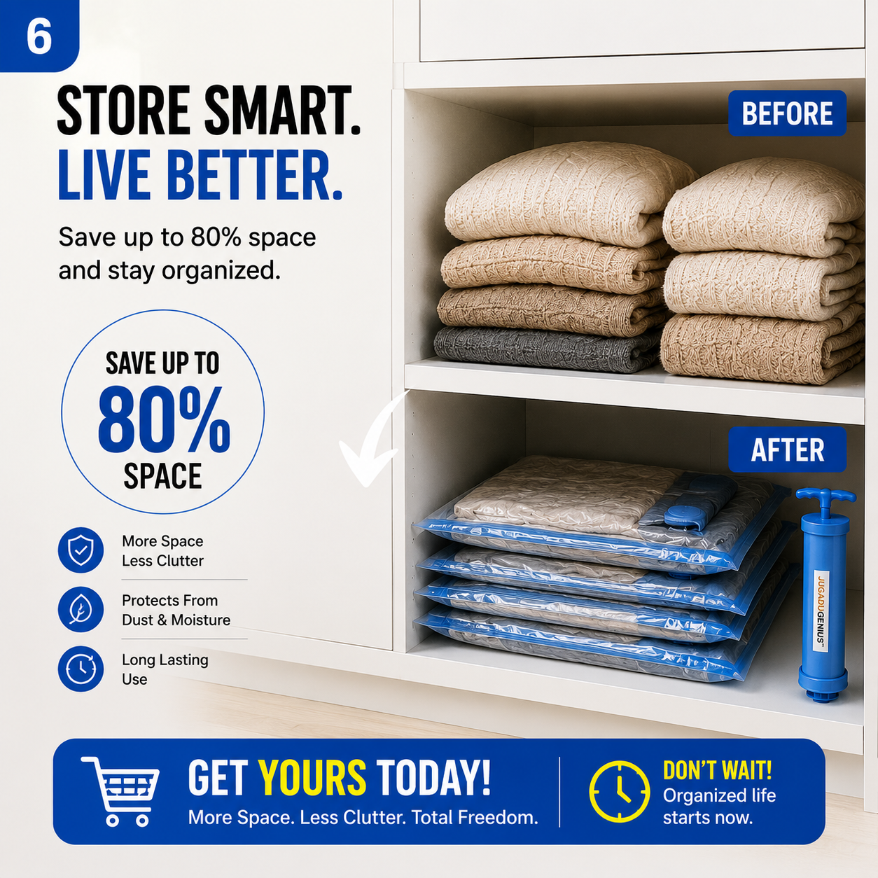 Premium Space Saving Vacuum Storage Bags for Clothes & Blankets (Pack of 5)